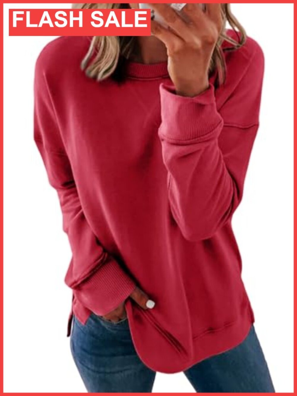Crew Neck Sweatshirt Loose Fit Long Sleeve Pullover Top with Side Splits